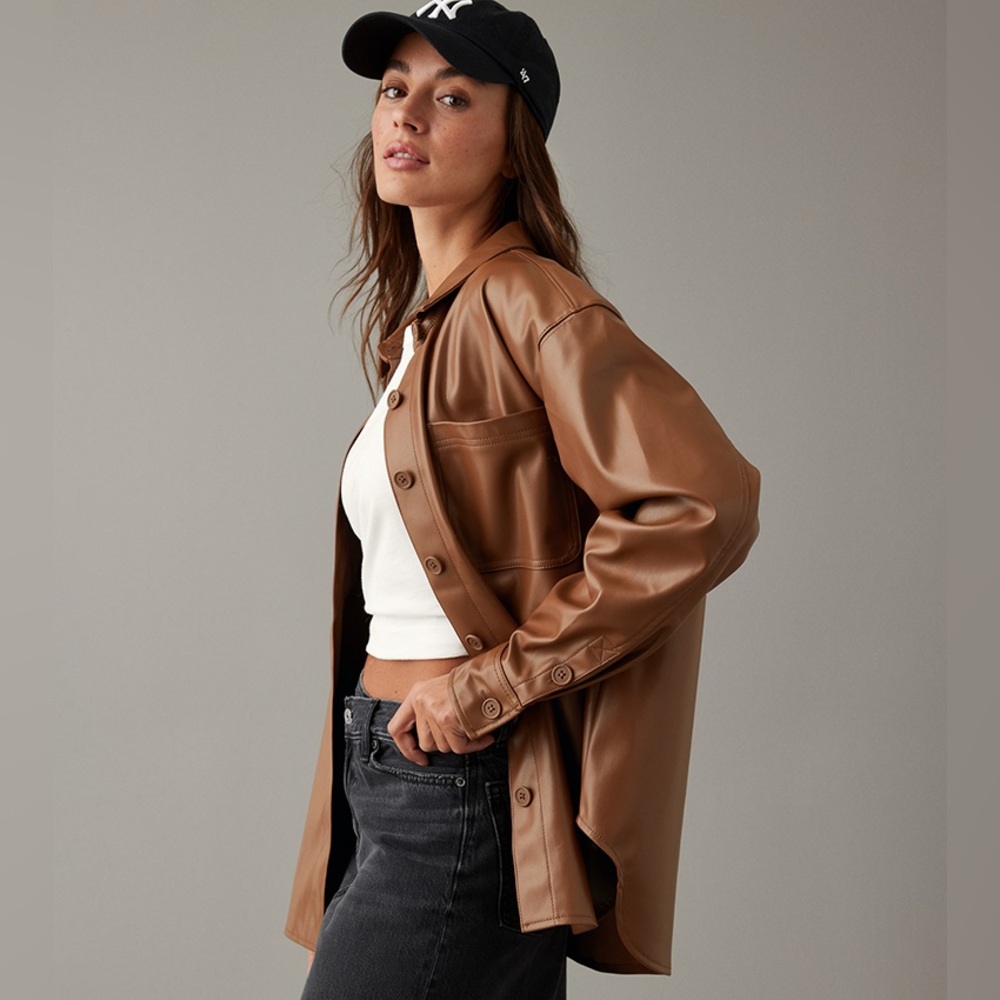 American Eagle Outfitters Brown Faux Leather Shirt Jacket